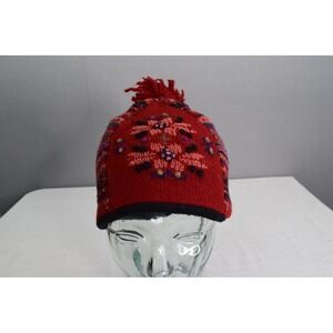 Icelandic Red Nordic Fair Isle Pom Pom Beanie Hat Fleece Lined Warm Winter